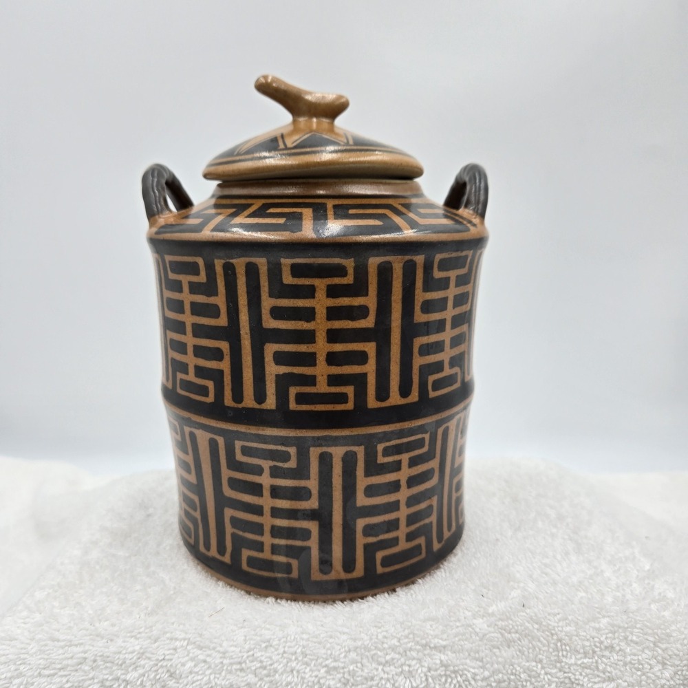 Chinoserie Decor Earthenware Jar Cannister Container Two Handled Geometric Bird
